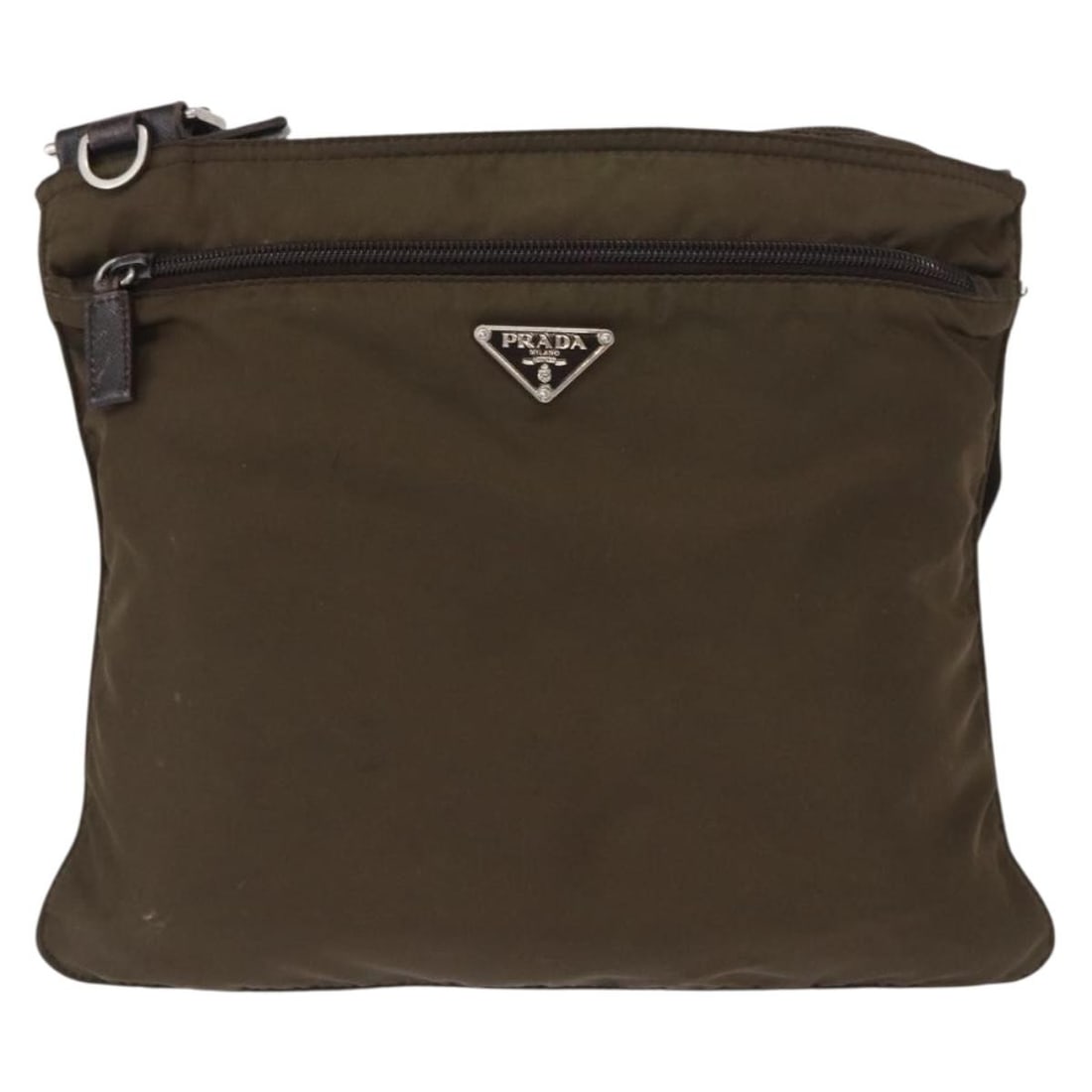 Prada Tessuto Khaki Nylon Messenger Bag with Front Pocket: Prada Tessuto Khaki Nylon Messenger Bag with Front Pocket This Prada Front Pocket Messenger Bag is crafted from durable nylon in a khaki color, designed for women. The bag features a practical front p