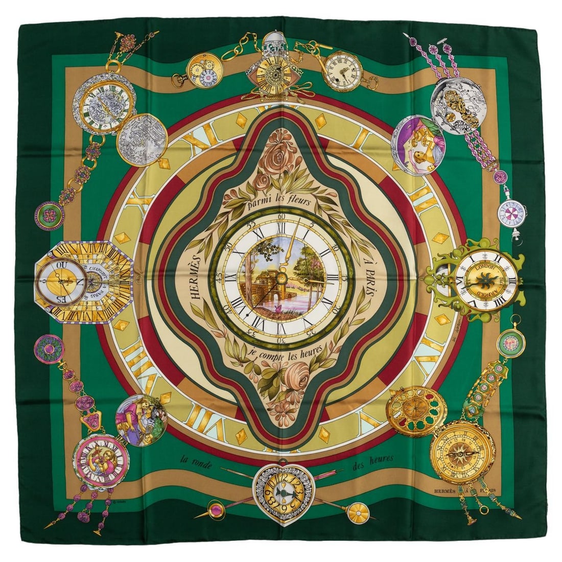 Hermes La Ronde des Heures Silk Scarf by Loic Dubigeon 35 in: Hermes La Ronde des Heures Silk Scarf by Loic Dubigeon 35 in Elevate your style with the Hermes "La Ronde des Heures" Scarf, a stunning piece crafted from 100% silk. Designed by the talented Loic Dubi