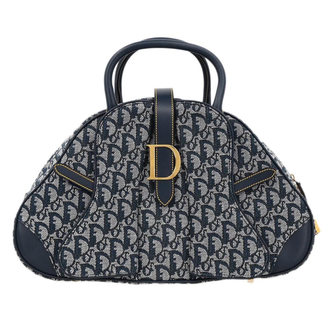 Christian Dior Navy Trotter Saddle Handbag MA-1001 with Double Handles: Christian Dior Navy Trotter Saddle Handbag MA-1001 with Double Handles Introducing the Christian Dior Navy Double Saddle Trotter Handbag, a stylish accessory perfect for casual occasions. This medium-