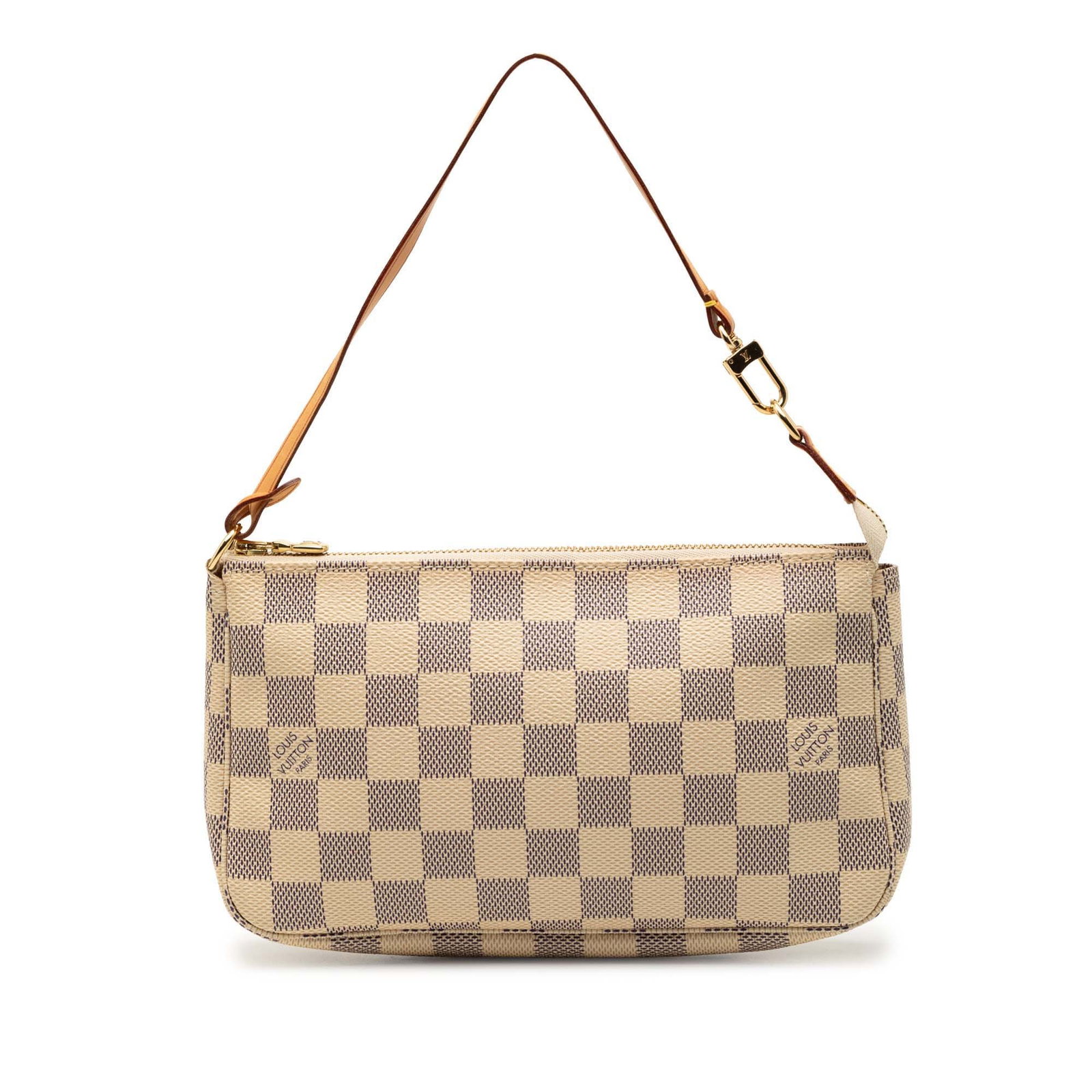 Damier Azur Canvas Pochette Accessoires Bag by Louis Vuitton: Damier Azur Canvas Pochette Accessoires Bag by Louis Vuitton This Louis Vuitton Damier Azur Pochette Accessoires features a damier azur canvas body with a flat vachetta leather strap and a top zip clo