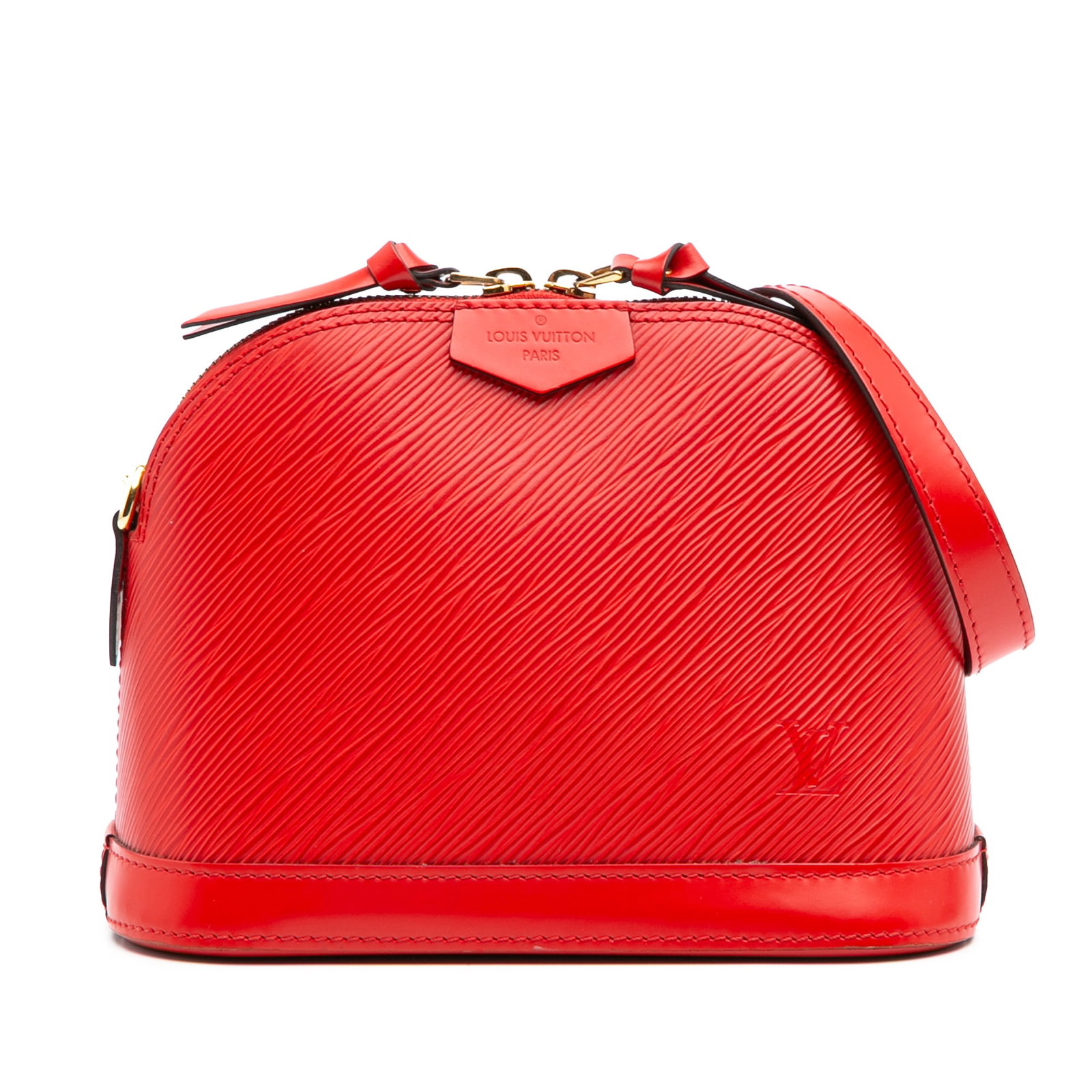 Louis Vuitton Epi Mini Alma Red Leather Bag with Shoulder Strap: Louis Vuitton Epi Mini Alma Red Leather Bag with Shoulder Strap The Louis Vuitton Epi Mini Alma is a stylish and compact bag crafted from durable epi leather. It features a striking red color, a top z