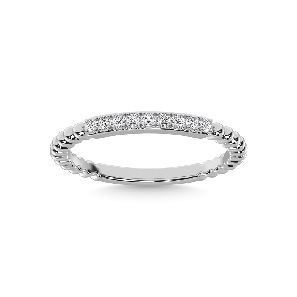 14K White Gold Diamond 1/10 Ct.Tw. Stackable Band: 14K White Gold Diamond 1/10 Ct.Tw. Stackable Band 14k White Gold Stone Color: G-h Stone Clarity: I1 Each ring is presented in standard size 6.5. Complimentary resizing is available between sizes 510 (