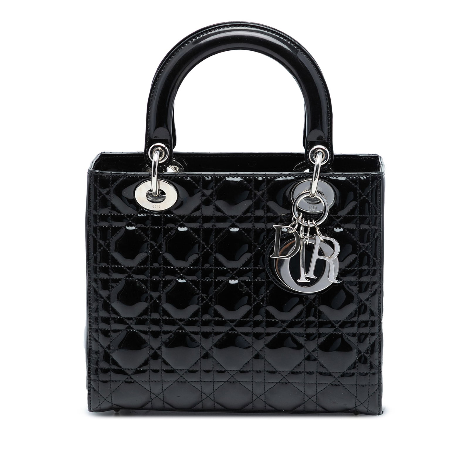 Dior Lady Dior Medium Black Patent Cannage Quilted Leather Handbag: Dior Lady Dior Medium Black Patent Cannage Quilted Leather Handbag This Lady Dior handbag features a quilted patent leather body in black, flat leather top handles, a top zip closure, and an interior