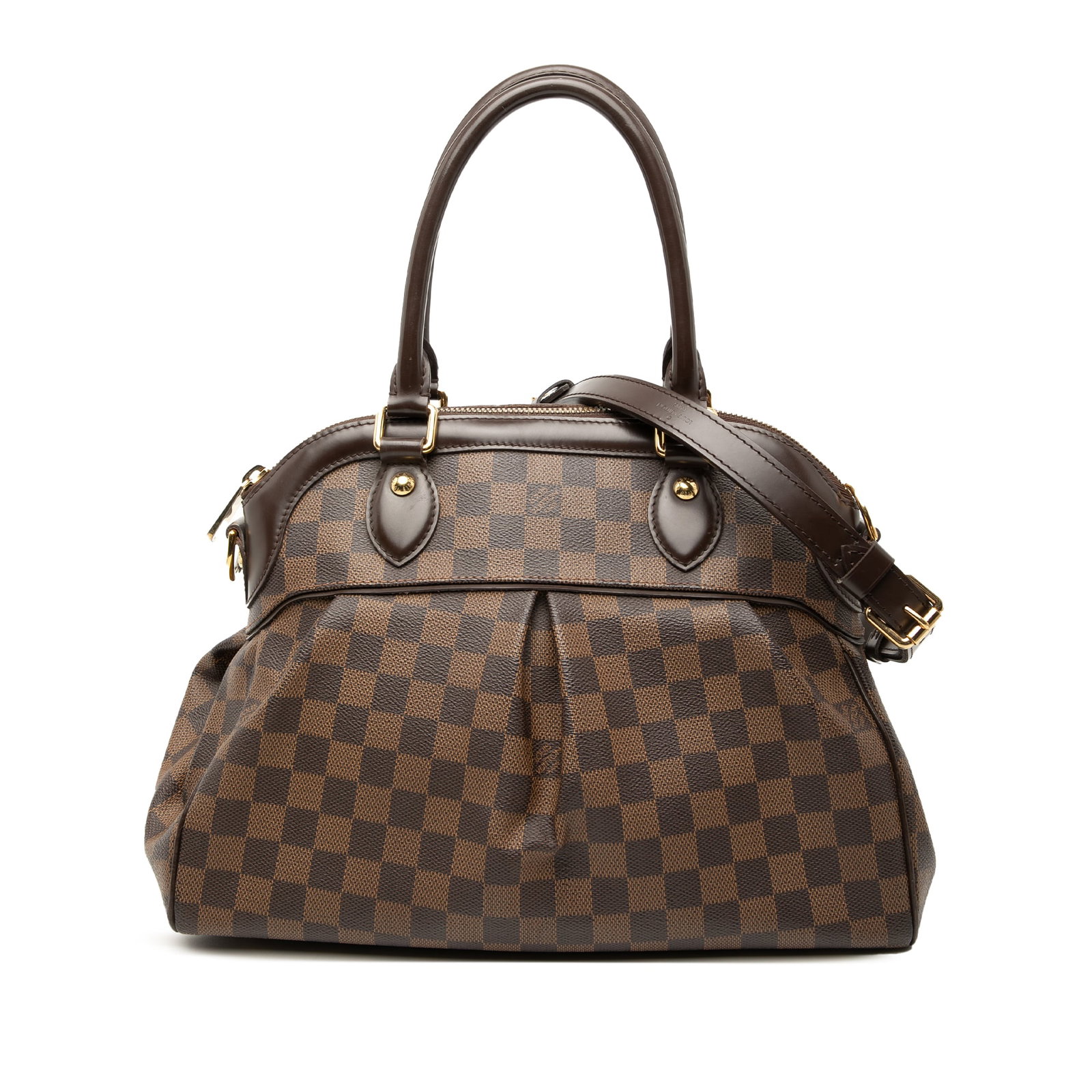 Louis Vuitton Trevi PM Bag in Damier Ebene Canvas with Leather Trim: Louis Vuitton Trevi PM Bag in Damier Ebene Canvas with Leather Trim The Louis Vuitton Damier Ebene Trevi PM features a brown Damier Ebene canvas body with leather trim, rolled leather handles, a detac