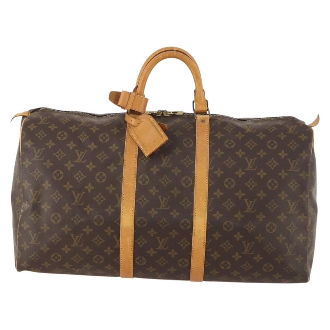 Keepall Unisex Brown Canvas Travel Bag by Louis Vuitton: Keepall Unisex Brown Canvas Travel Bag by Louis Vuitton This Louis Vuitton Keepall Bag features the signature Monogram Canvas design in brown and is suitable for unisex use. The bag is constructed fro