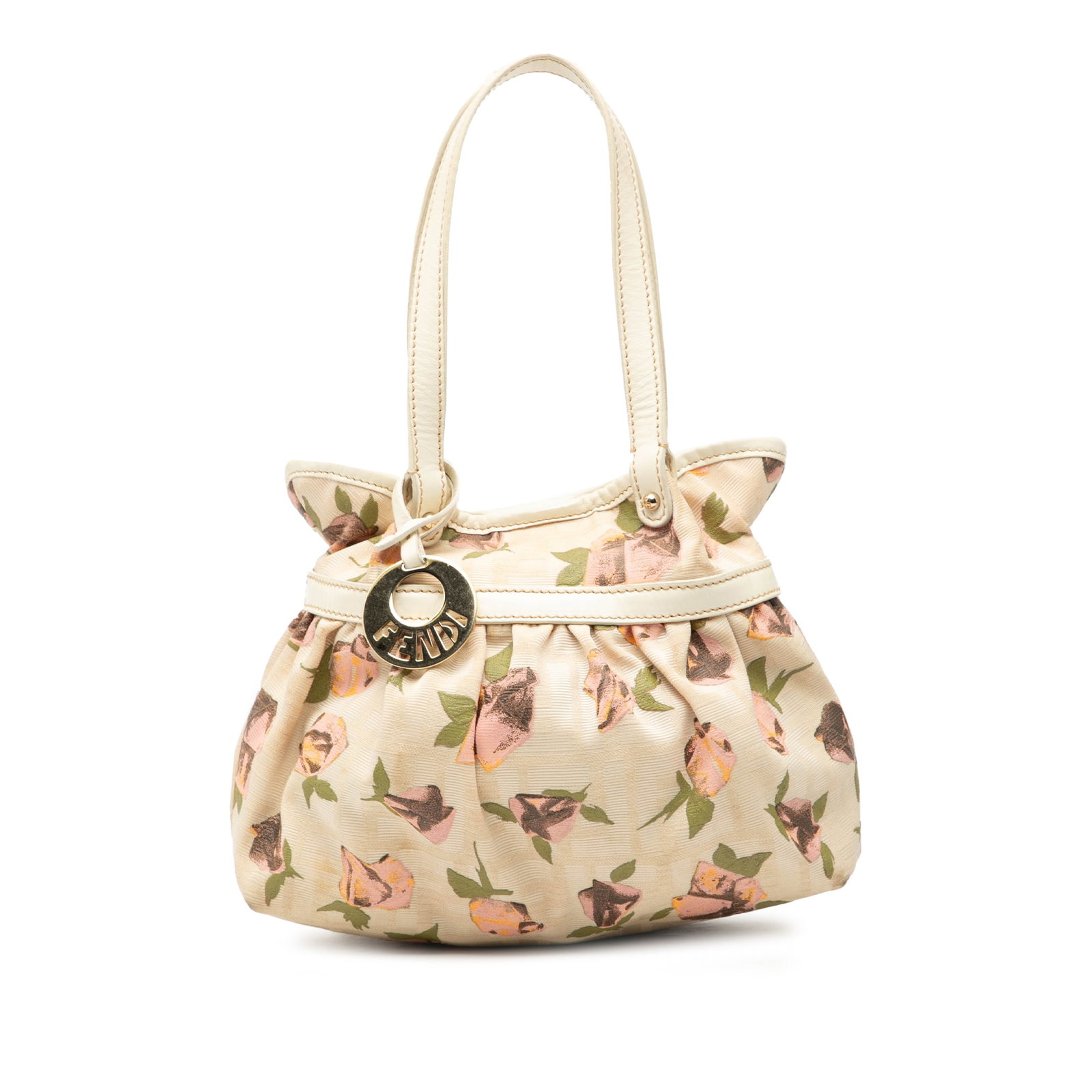 Fendi Mini Zucca Rose Print Canvas Chef Bag with Leather Trim: Fendi Mini Zucca Rose Print Canvas Chef Bag with Leather Trim This Fendi Mini Zucca Canvas Rose Printed Chef Handbag features a canvas body with leather trim, flat leather handles, an open top, and an