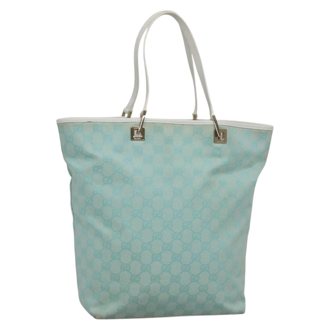 GUCCI GG Canvas Tote Bag Light Blue Gold 002 1098 1705 Authentic: GUCCI GG Canvas Tote Bag Light Blue Gold 002 1098 1705 Authentic Embrace sophistication with this authentic GUCCI GG Canvas Tote Bag, expertly crafted in Italy. Featuring a stunning light blue and gol