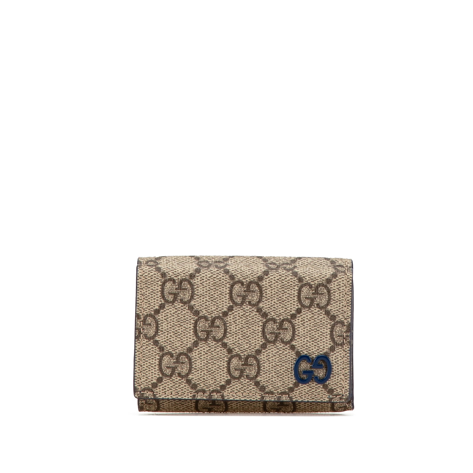 Brown GG Supreme Compact Wallet by Gucci with Coin Pocket: Brown GG Supreme Compact Wallet by Gucci with Coin Pocket This Gucci GG Supreme Compact Wallet features a coated canvas exterior in brown, complemented by a flap with snap closure. The design includes