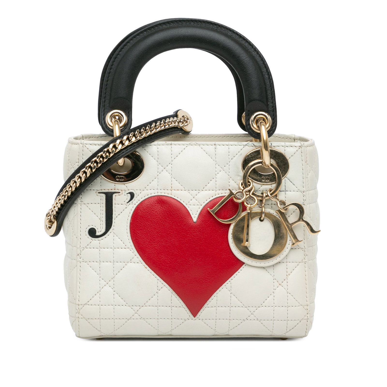 DiorAmour Mini Lady Dior White Lambskin Bag with Chain Strap: DiorAmour Mini Lady Dior White Lambskin Bag with Chain Strap Introducing the iconic Mini Lady Dior from the DiorAmour collection, a perfect blend of elegance and charm for any occasion. This exquisite