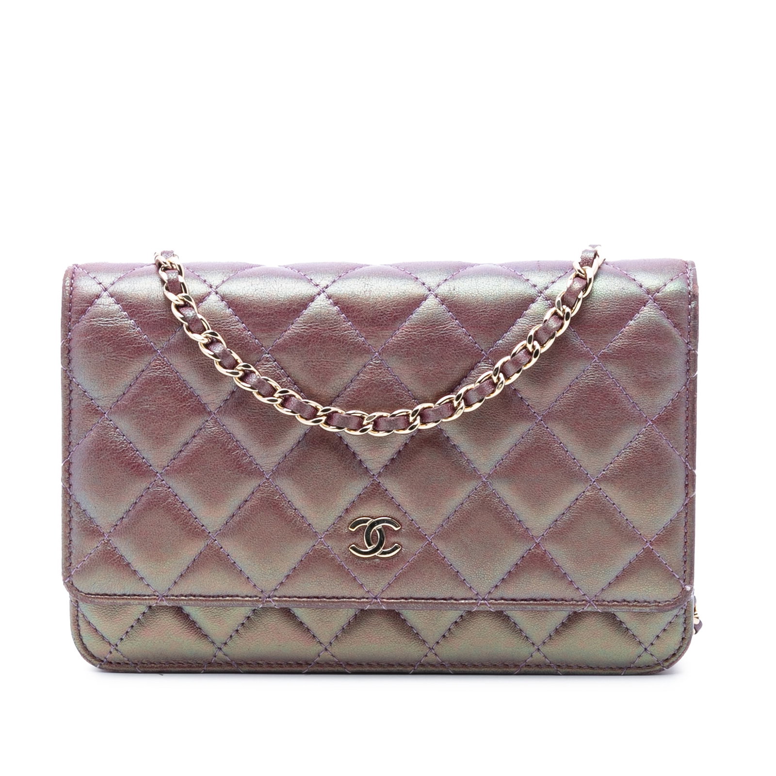 Purple Iridescent Lambskin Chanel Wallet on Chain with Quilted CC Design: Purple Iridescent Lambskin Chanel Wallet on Chain with Quilted CC Design This Chanel CC Quilted Iridescent Lambskin Wallet on Chain showcases a purple quilted lambskin leather body, complemented by a