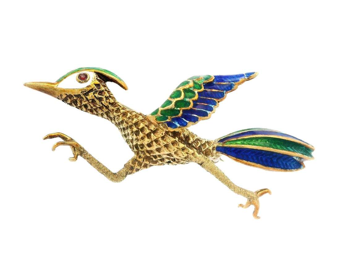Vintage 14k Yellow Gold Multi Color Enamel Road Runner Bird Brooch: Vintage 14k Yellow Gold Multi Color Enamel Road Runner Bird Brooch This charming vintage brooch features a delightful Road Runner bird design, crafted from solid 14k yellow gold with intricate multi-c