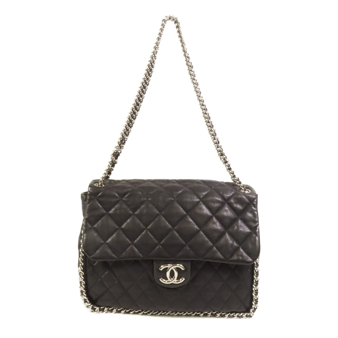 Chanel Black Calfskin Shoulder Bag with Silver Tone CC Chain Detail: Chanel Black Calfskin Shoulder Bag with Silver Tone CC Chain Detail This CHANEL CC shoulder bag features a sleek black calfskin leather exterior with a chain strap and silver-tone hardware. Designed f