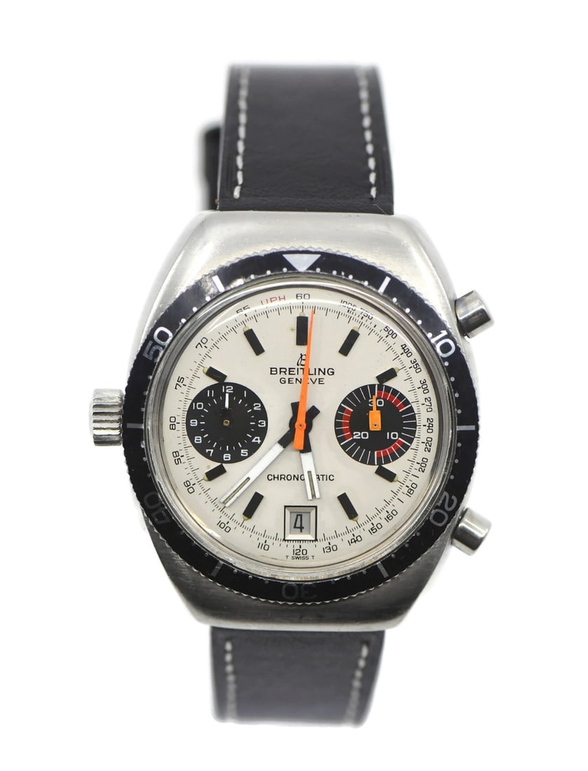 Chrono-Matic 2112 Mechanical Chronograph Stainless Steel Wristwatch by Breitling: Chrono-Matic 2112 Mechanical Chronograph Stainless Steel Wristwatch by Breitling This Breitling Chrono-Matic wristwatch features a stainless steel case paired with a leather band. It is equipped with