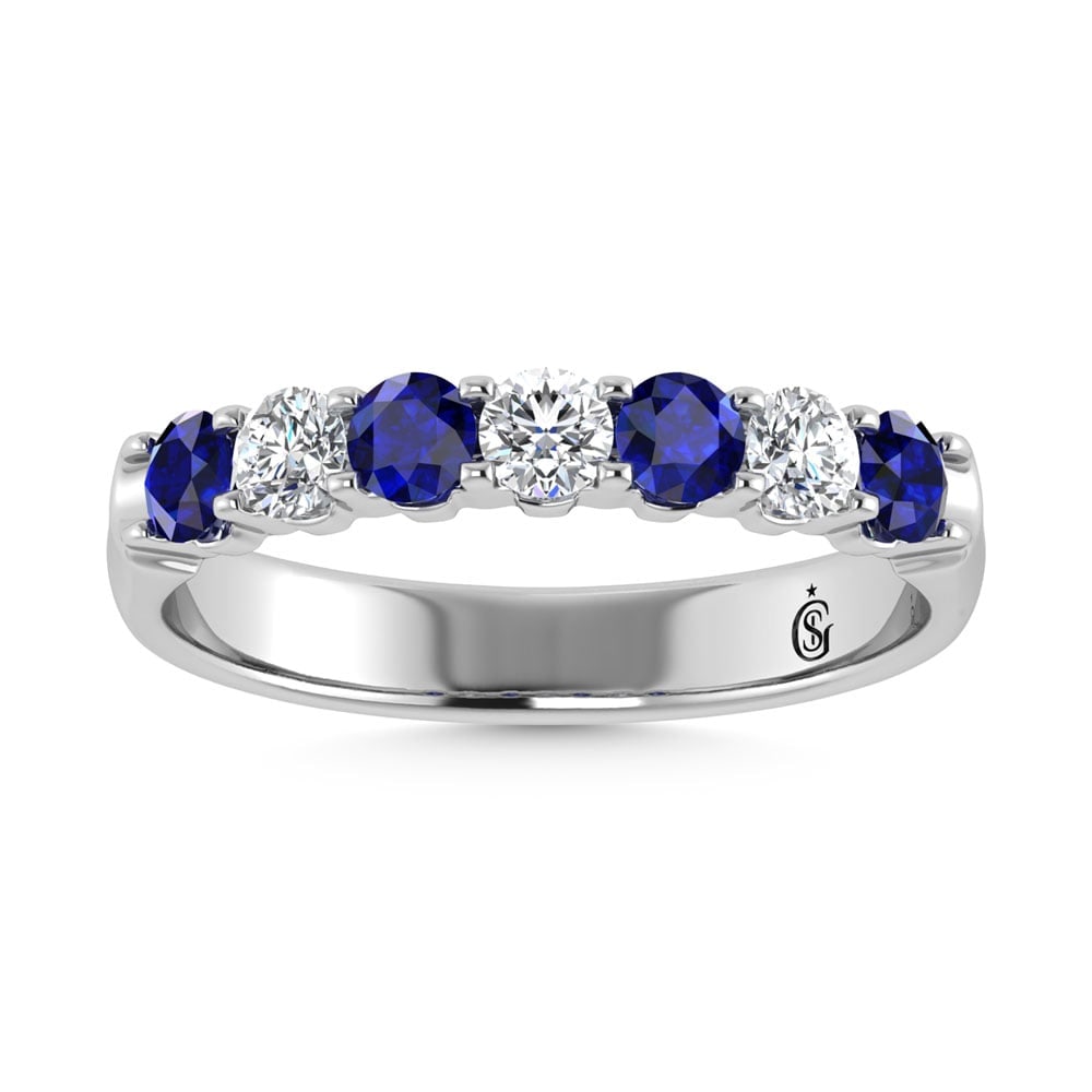 14K White Gold Machine Set Alternate Blue sapphire and Diamond 7/8 Ct.Tw. Band: 14K White Gold Machine Set Alternate Blue sapphire and Diamond 7/8 Ct.Tw. Band 14k White Gold Stone Color: G-h Stone Clarity: I2 Each ring is presented in standard size 6.5. Complimentary resizing is