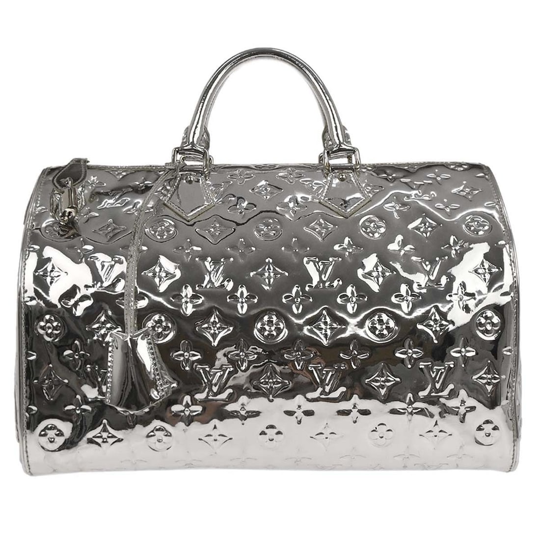 Louis Vuitton Monogram Miroir Speedy 35 Silver Vinyl Large Handbag: Louis Vuitton Monogram Miroir Speedy 35 Silver Vinyl Large Handbag This Louis Vuitton Monogram Miroir Speedy 35 handbag features a striking silver monogram mirror vinyl exterior with double handles an