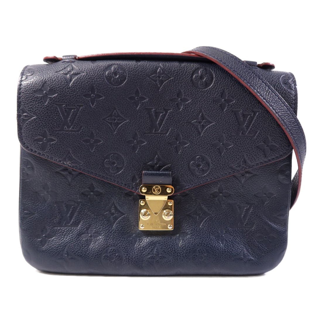 Navy Calfskin Pochette Metis 2way Shoulder Bag by Louis Vuitton M44071: Navy Calfskin Pochette Metis 2way Shoulder Bag by Louis Vuitton M44071 This Louis Vuitton Pochette Metis 2-way bag features a navy monogram Empreinte design crafted from calfskin leather. The versatil