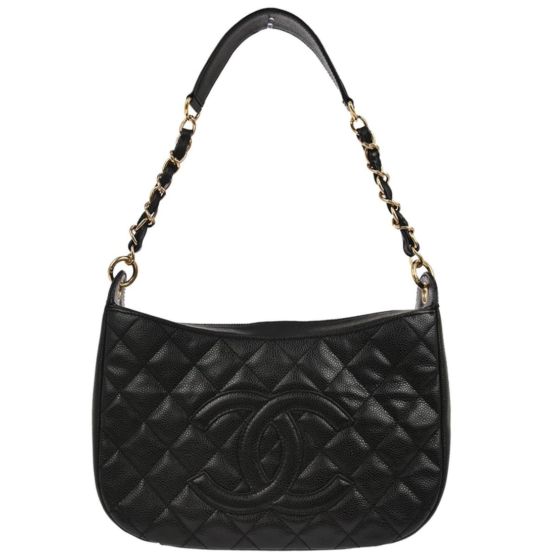 Chanel Caviar Leather Hobo Bag in Black with Top Handle: Chanel Caviar Leather Hobo Bag in Black with Top Handle This Chanel hobo handbag features luxurious black caviar skin leather with a zip closure and a top handle for easy carrying. The bag has a mediu