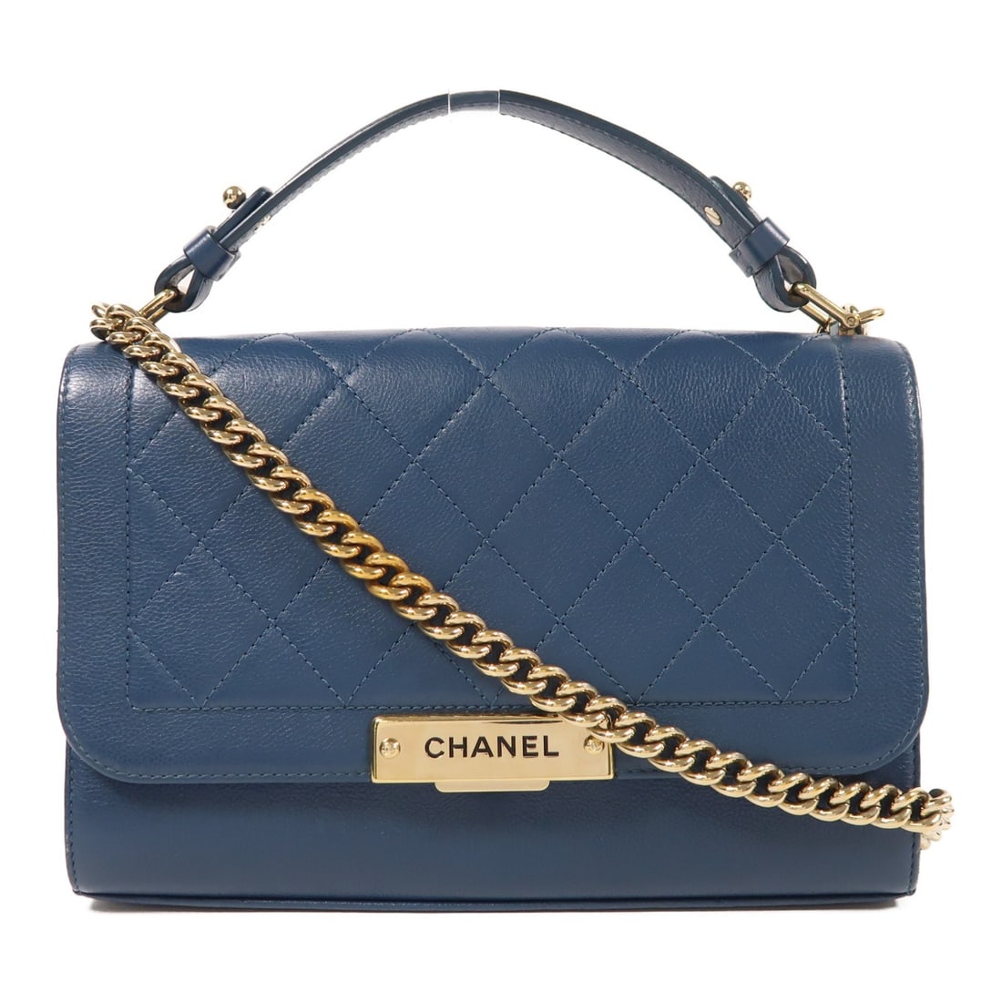 CHANEL 2 Way Shoulder Bag Calfskin Leather Blue GHW: CHANEL 2 Way Shoulder Bag Calfskin Leather Blue GHW This exquisite CHANEL 2 Way Shoulder Bag is crafted from high-quality calfskin leather in a stunning blue hue. The bag features a versatile design,