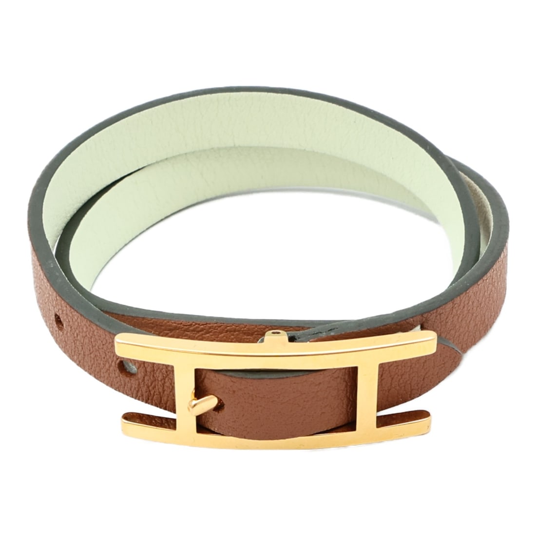 Hermes Behapi Double Tour Brown Swift Leather Bracelet with Gold Hardware: Hermes Behapi Double Tour Brown Swift Leather Bracelet with Gold Hardware This Hermes Behapi Double Tour bracelet is crafted from brown Swift leather, known for its smooth texture and refined appearan