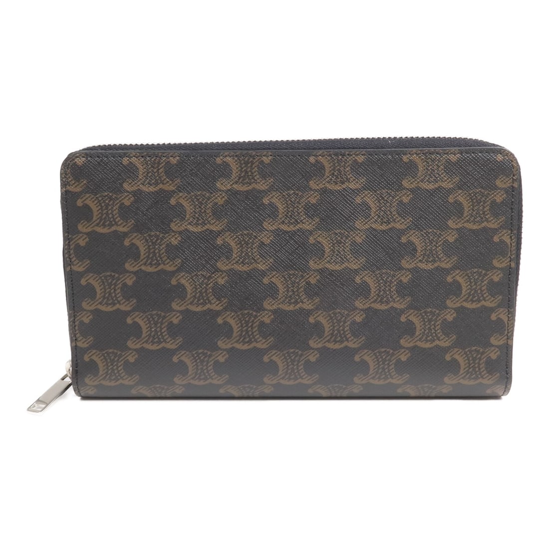 Brown Coated Canvas Long Wallet by CELINE with Silver Hardware: Brown Coated Canvas Long Wallet by CELINE with Silver Hardware This CELINE long wallet features a brown PVC coated canvas exterior with a silver-tone hardware design. Crafted in France, it is designed