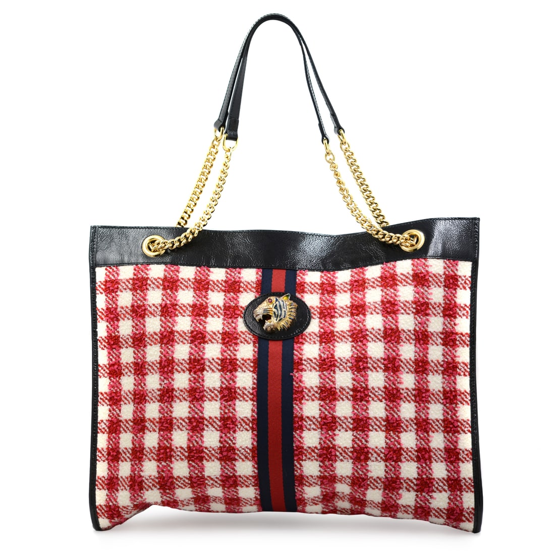 Gucci Gg Rajah Red White Tweed Large Tote Bag with Tiger Medallion: Gucci Gg Rajah Red White Tweed Large Tote Bag with Tiger Medallion Elevate your fashion statement with this exquisite Gucci Gg Rajah Large Tote Bag, beautifully crafted from woven red and white tweed,