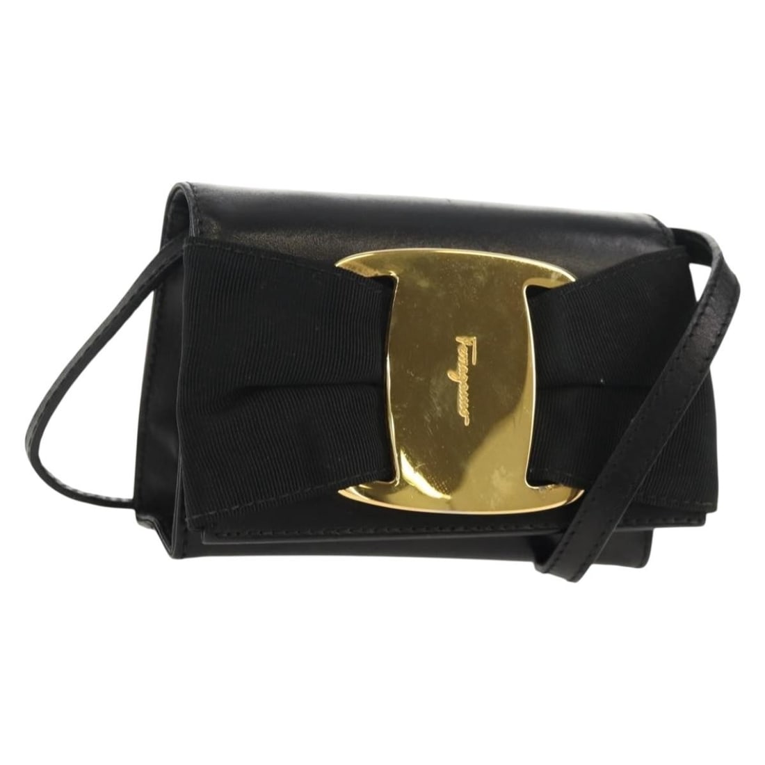 Salvatore Ferragamo Vala Black Gold Leather Shoulder Bag Auth BA8393V (1 of 18)