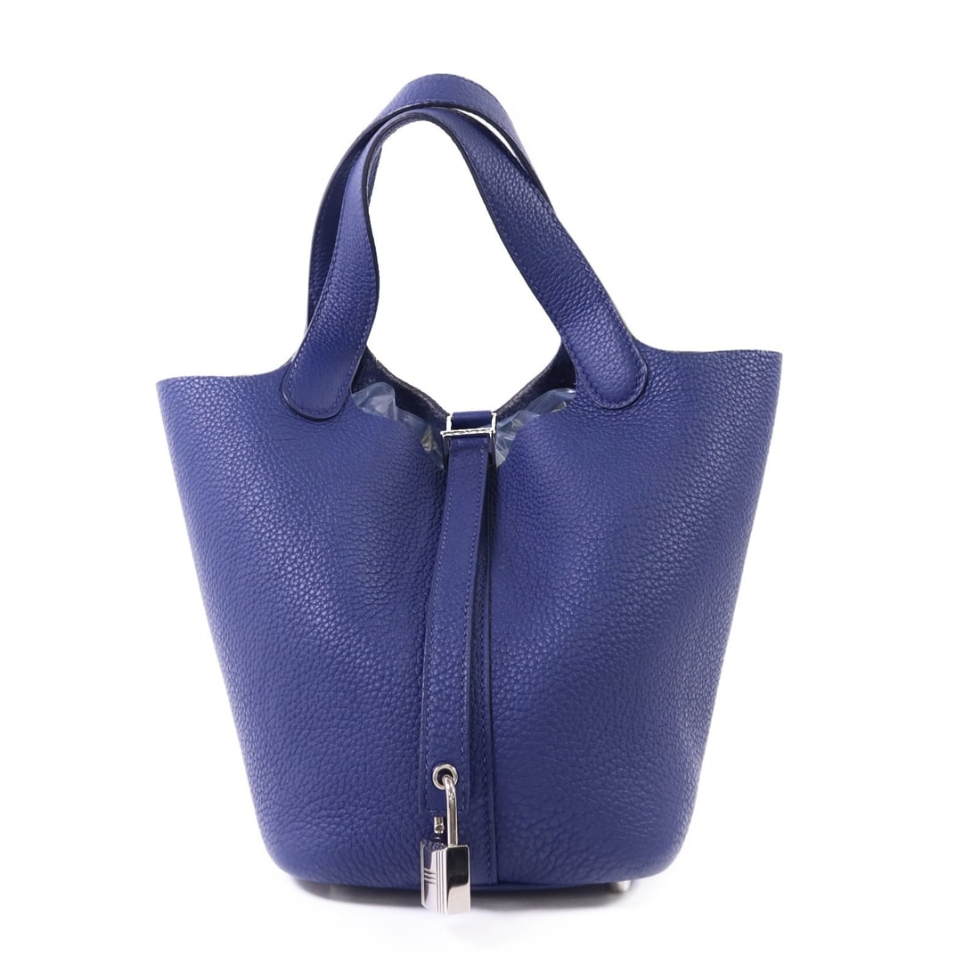 Hermes Picotin PM Blue Saphir Clemence Leather Tote Bag with Palladium Hardware: Hermes Picotin PM Blue Saphir Clemence Leather Tote Bag with Palladium Hardware This Hermes Picotin PM tote bag is crafted from Clemence calfskin leather in Blue Saphir. Featuring a regular size and t