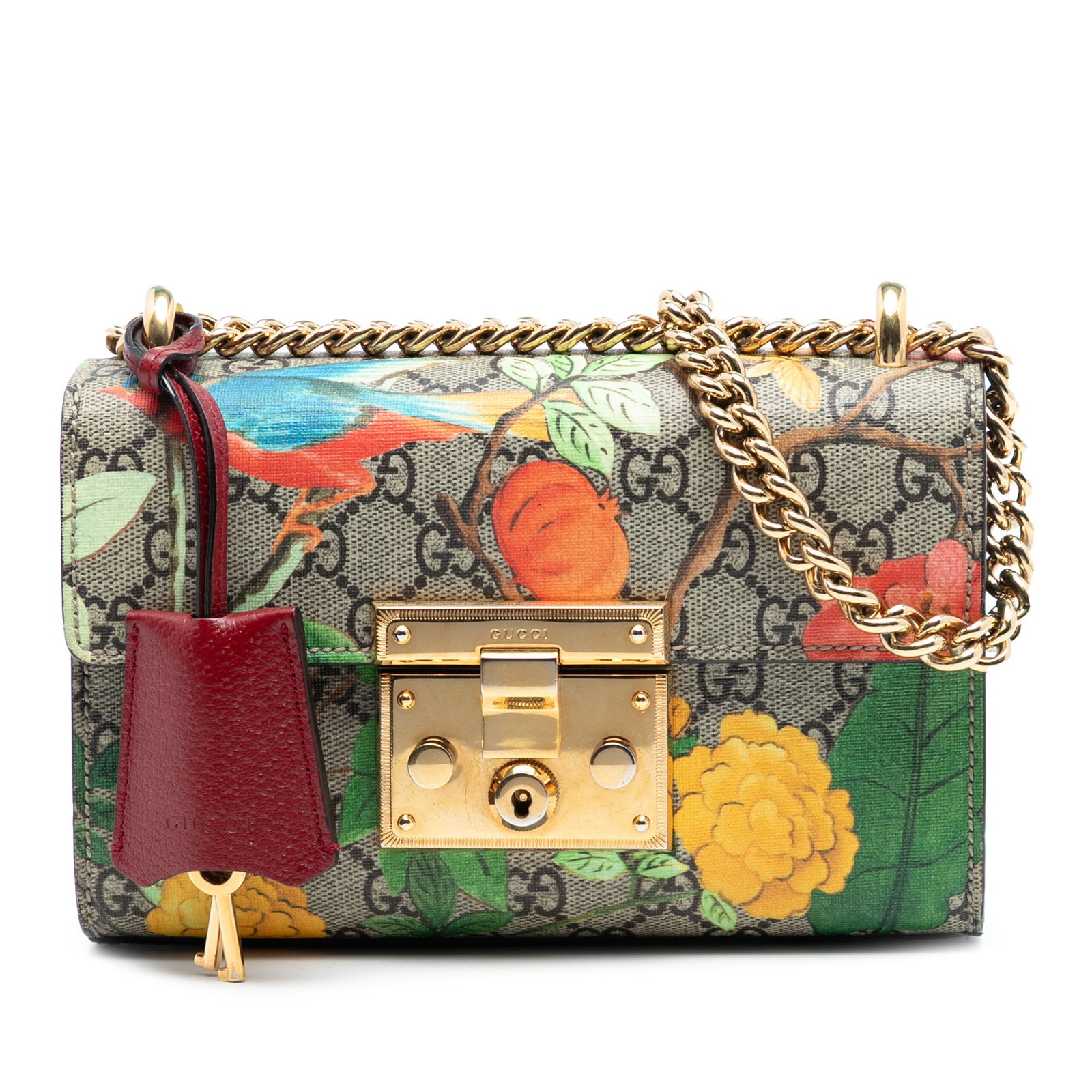 Gucci GG Supreme Tian Small Chain Flap Crossbody Bag: Gucci GG Supreme Tian Small Chain Flap Crossbody Bag This Gucci Small GG Supreme Tian Padlock Crossbody bag features a printed coated canvas exterior, a gold-tone chain strap, a front flap with S-lock