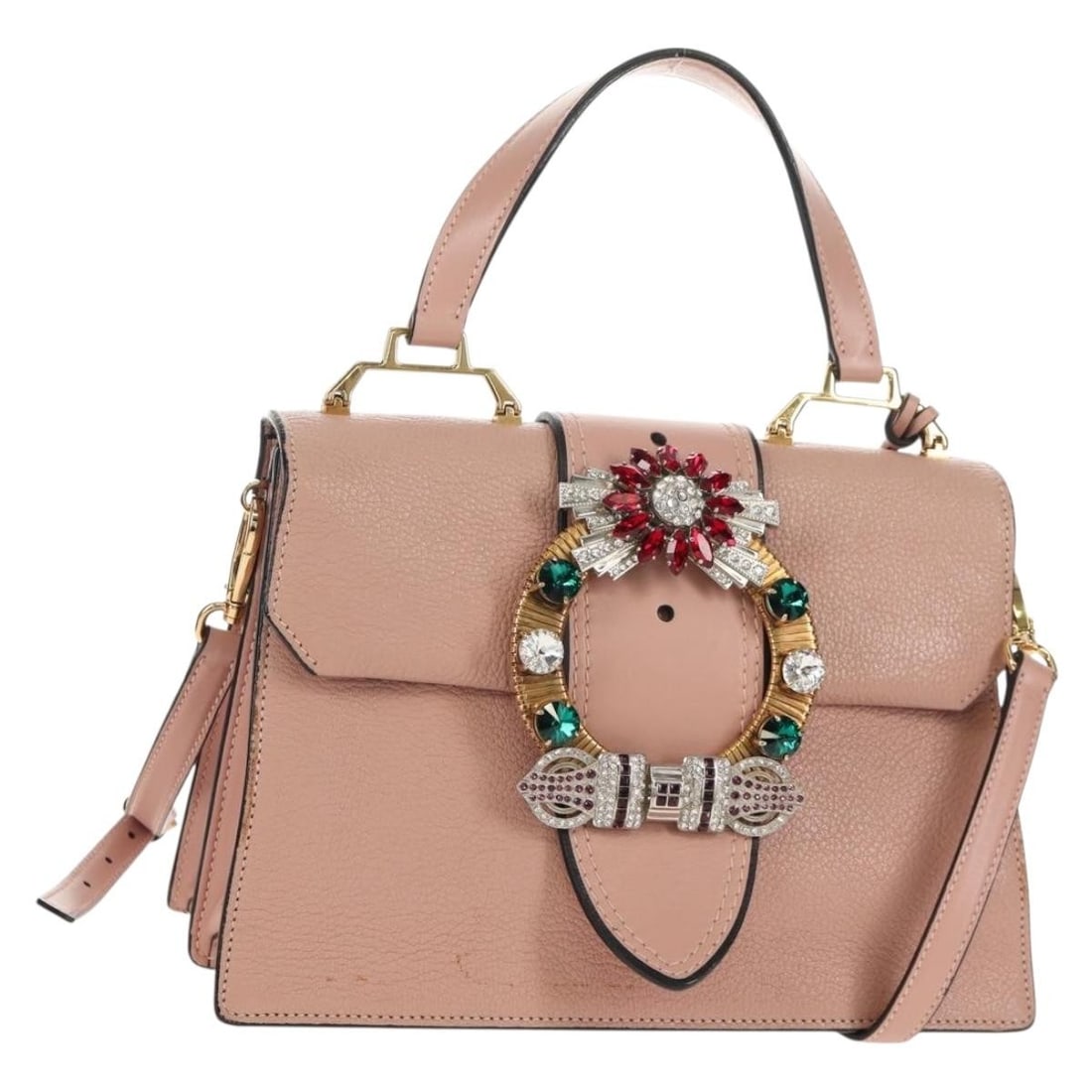 Pink Leather Madras Crystal Buckle Shoulder Bag by Miu Miu: Pink Leather Madras Crystal Buckle Shoulder Bag by Miu Miu This Miu Miu Madras Crystal Buckle Shoulder Bag is crafted from pink leather and designed for women. It features a decorative crystal buckle