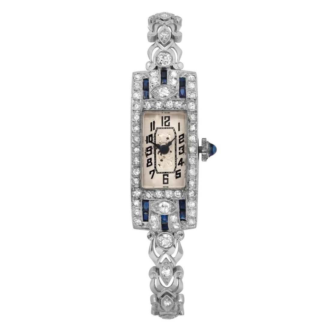 Antique 14K White Gold Platinum Ladies Watch with Blue Sapphire Diamond Bezel: Antique 14K White Gold Platinum Ladies Watch with Blue Sapphire Diamond Bezel Discover the elegance of this antique 14K White Gold and Platinum ladies' wristwatch, featuring a stunning blue sapphire a