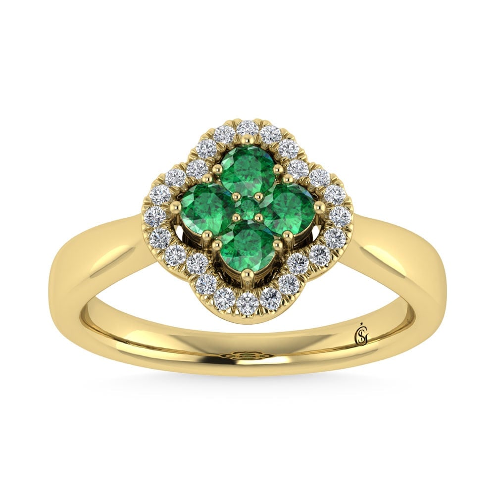 14K Yellow Gold Diamond 5/8 Ct.Tw. and Emerald Clover Ring: 14K Yellow Gold Diamond 5/8 Ct.Tw. and Emerald Clover Ring 14k Yellow Gold Stone Color: G-h Stone Clarity: Si2 Each ring is presented in standard size 6.5. Complimentary resizing is available between