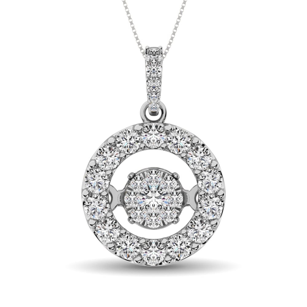 Moving Diamond 5/8 Ct.tw Pendant in 14K White Gold: Moving Diamond 5/8 Ct.tw Pendant in 14K White Gold 14k White Gold Stone Color: G-h Stone Clarity: I1 Unless otherwise specified, pendants that include a chain are paired with our standard 18-inch leng