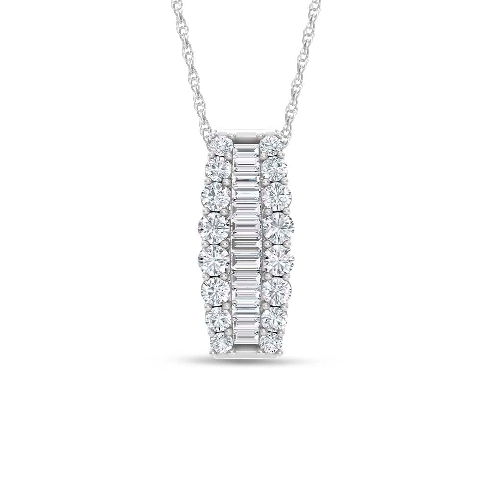 14K White Gold 3 Ct.Tw. Round and Baguette Lab Grown Diamond Fashion Pendant: 14K White Gold 3 Ct.Tw. Round and Baguette Lab Grown Diamond Fashion Pendant This sophisticated fashion pendant in 14K white gold features round and baguette lab-grown diamonds totaling 3 carat total