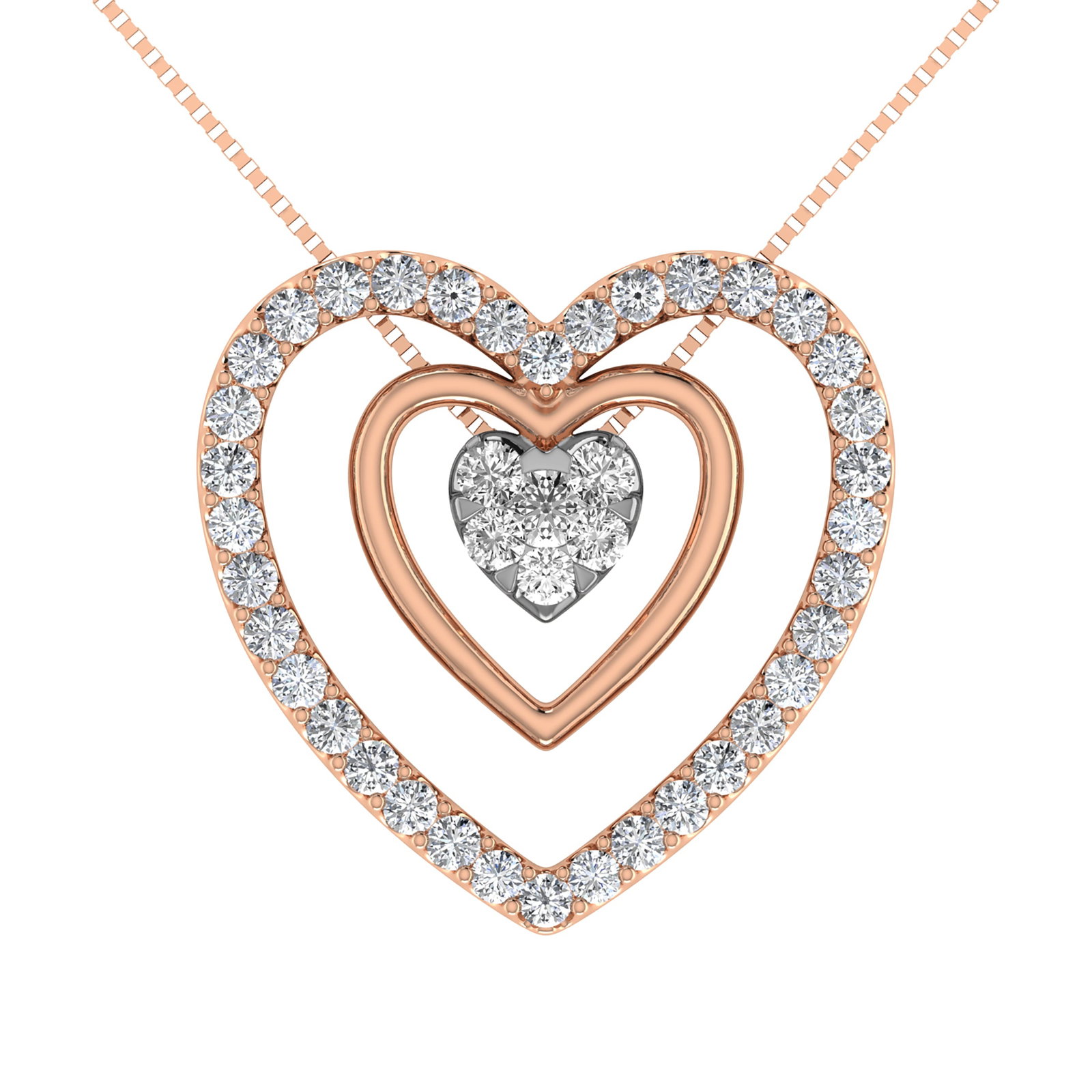 14K Rose Gold 1/2 Ct.Tw. Diamond Double Heart Pendant: 14K Rose Gold 1/2 Ct.Tw. Diamond Double Heart Pendant 14k Rose Gold Stone Color: G-h Stone Clarity: I2 Unless otherwise specified, pendants that include a chain are paired with our standard 18-inch le