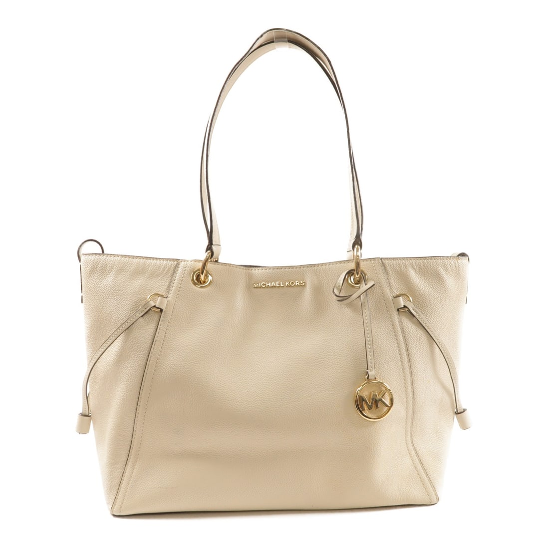 Michael Kors White Calfskin Tote with Gold Hardware: Michael Kors White Calfskin Tote with Gold Hardware This Michael Kors tote bag is crafted from white calfskin leather and features gold-tone hardware. Designed for women, it offers ample space with a