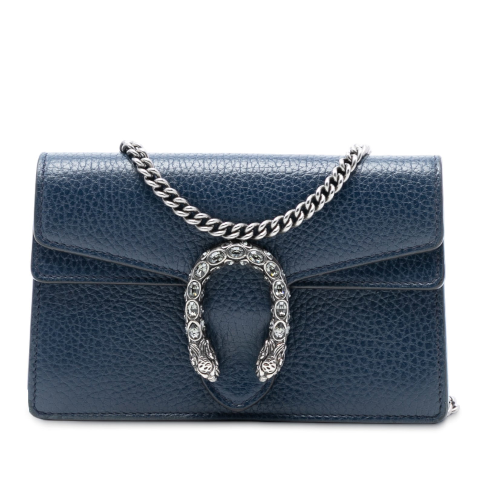 Gucci Dionysus Super Mini Blue Leather Crossbody Bag with Silver Chain: Gucci Dionysus Super Mini Blue Leather Crossbody Bag with Silver Chain This Gucci Super Mini Dionysus Crossbody Bag showcases a blue leather body with a front flap and snap closure. It features a silv
