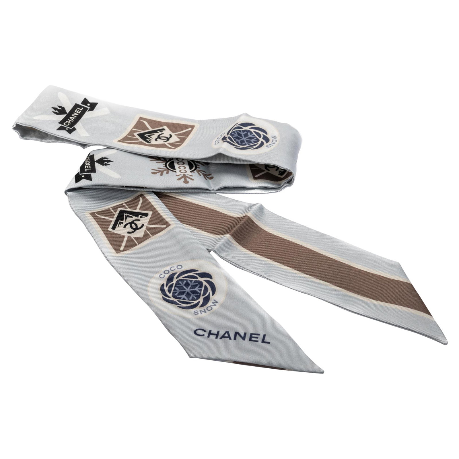 Chanel Coco Niege Gray Silk Twilly Scarf 100% Silk Italy (1 of 6)