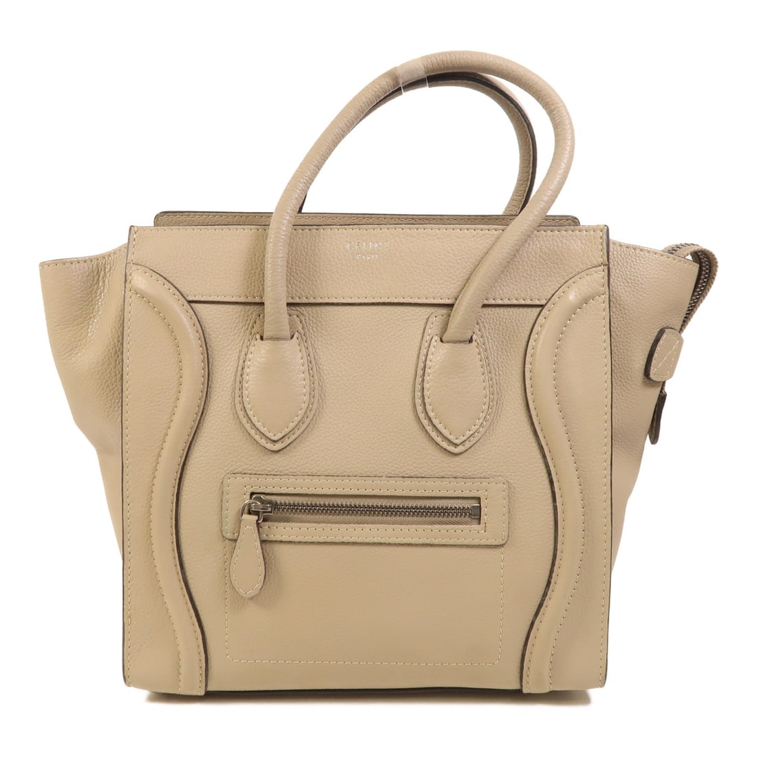 Celine Micro Luggage Khaki Calfskin Leather Handbag with Silver Hardware: Celine Micro Luggage Khaki Calfskin Leather Handbag with Silver Hardware This Celine Micro Luggage handbag features a khaki exterior crafted from calfskin leather. Designed in a regular size, it offer
