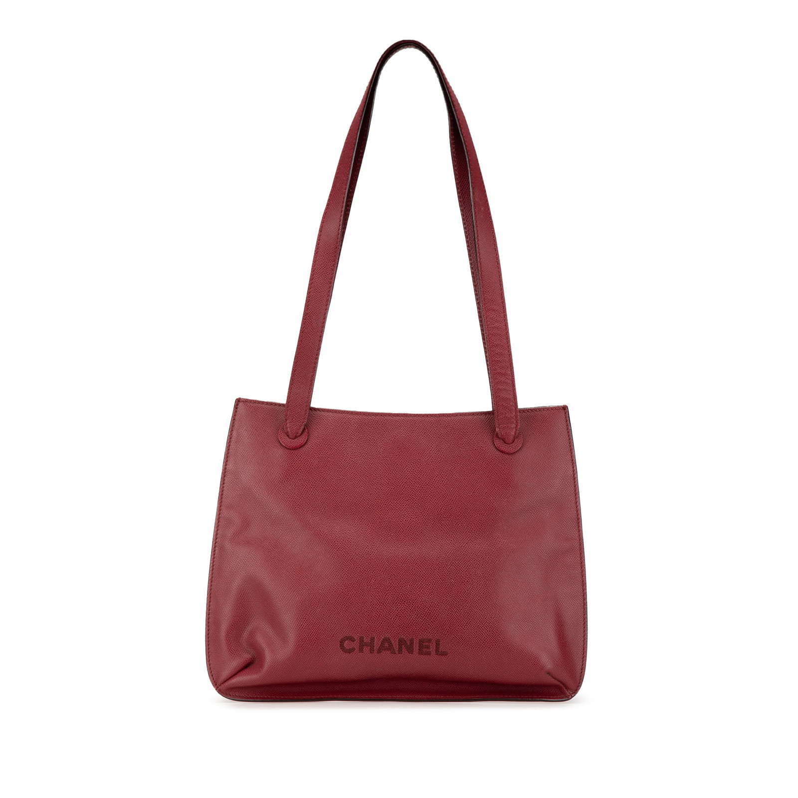 Red Caviar Leather Tote Bag by Chanel with Logo Detailing: Red Caviar Leather Tote Bag by Chanel with Logo Detailing This Chanel Caviar Logo Tote is crafted from durable caviar leather in a striking red color. It features flat straps, an open top with a magne
