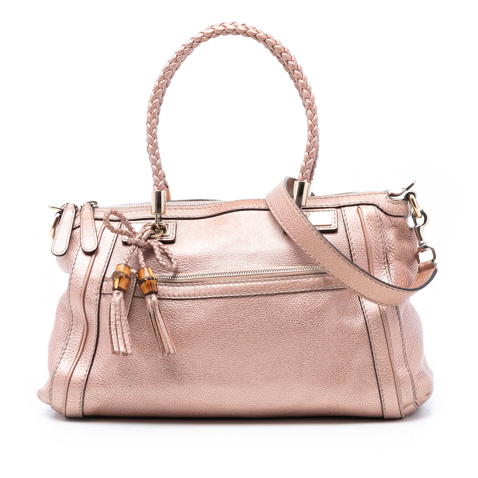 Metallic Pink Leather Bella Satchel by Gucci with Braided Handle: Metallic Pink Leather Bella Satchel by Gucci with Braided Handle This Gucci Bella satchel features a metallic pebbled leather exterior in pink, complemented by a braided leather handle and a detachabl