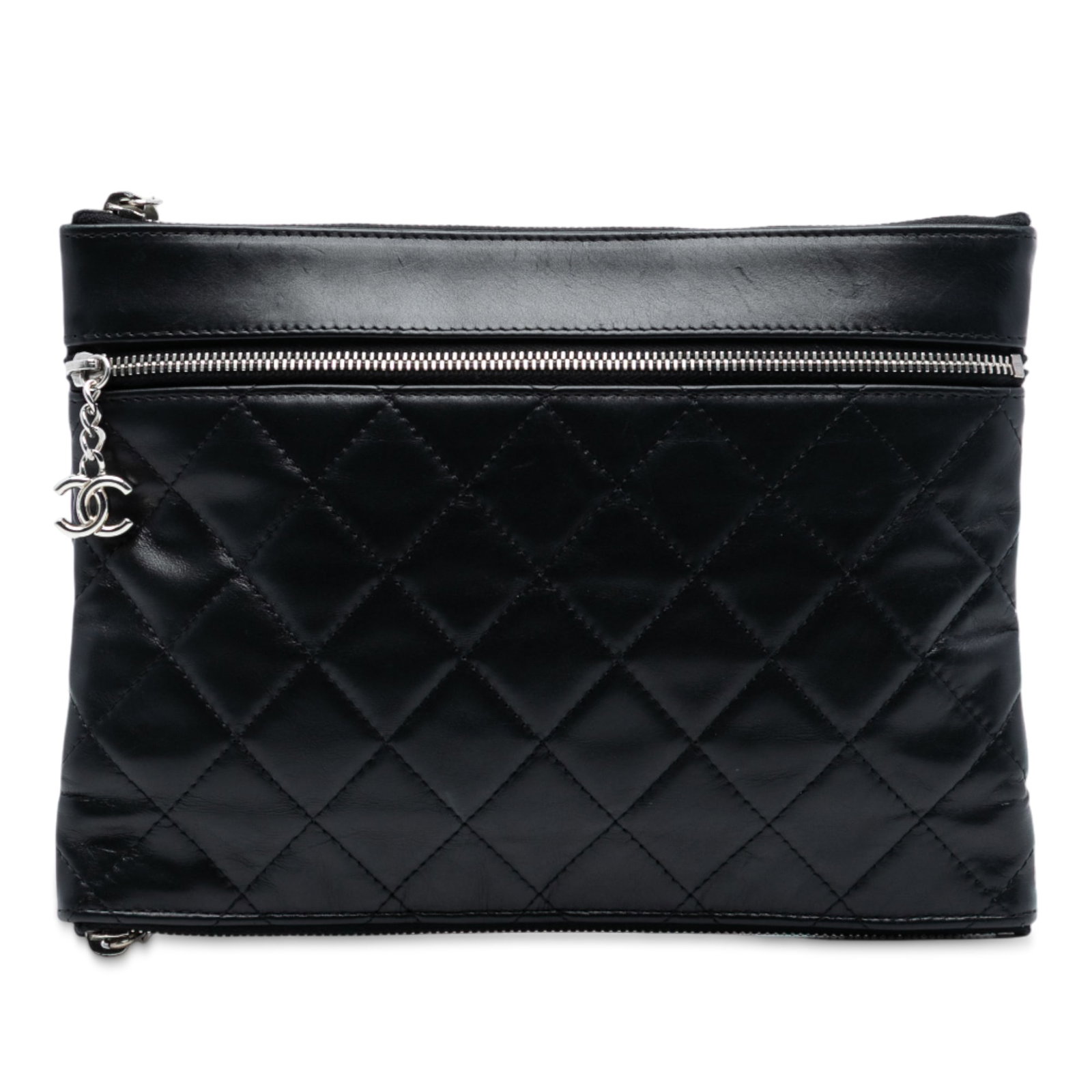 Chanel Lambskin Leather Quilted Clutch with Multiple Zippered Pockets: Chanel Lambskin Leather Quilted Clutch with Multiple Zippered Pockets This Chanel CC Quilted Lambskin Multi Zip Clutch features a quilted lambskin leather exterior in black, multiple zip closures, and