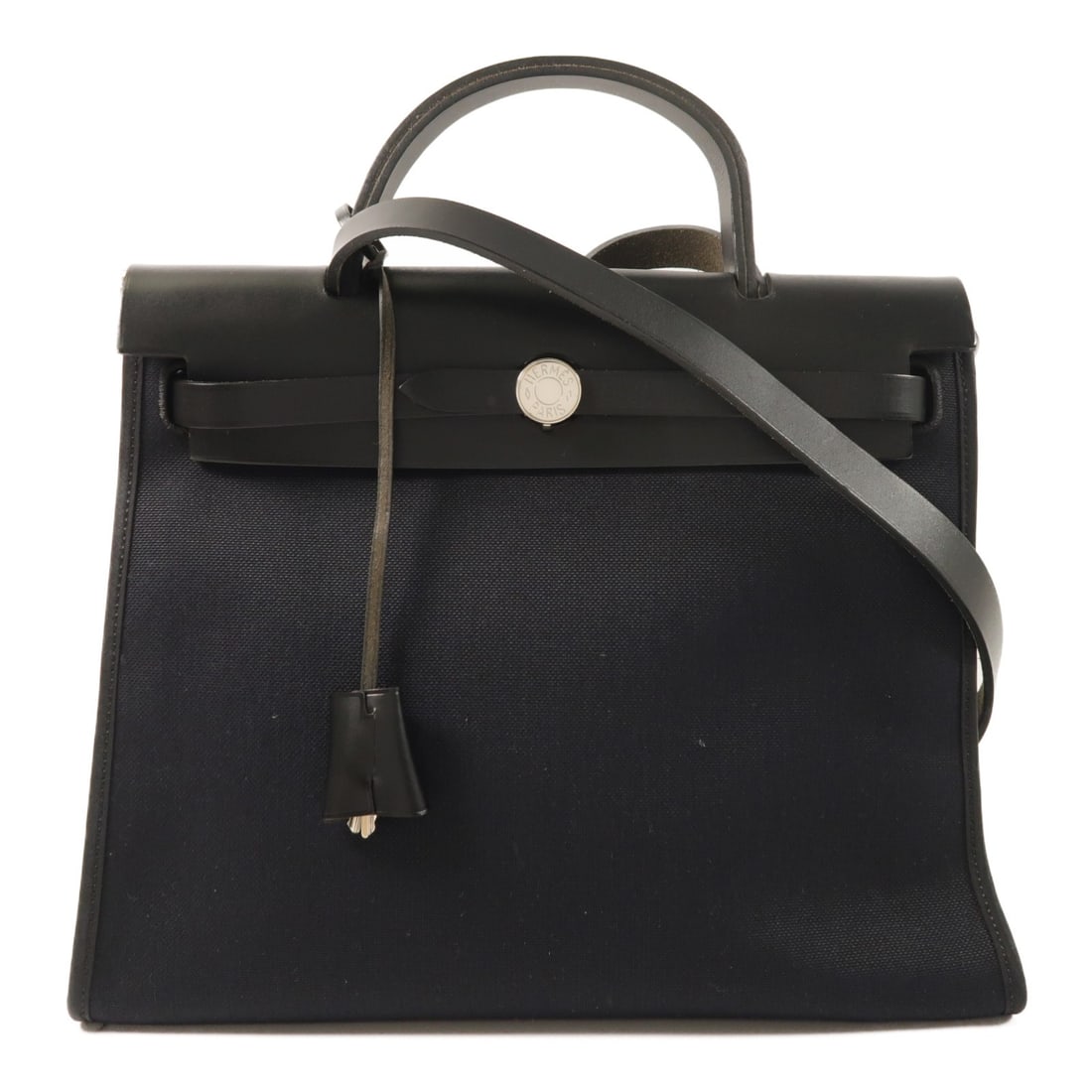 Hermes Herbag PM Black Canvas and Calfskin Two Way Shoulder Bag PHW: Hermes Herbag PM Black Canvas and Calfskin Two Way Shoulder Bag PHW This Hermes Herbag PM is a versatile 2-way shoulder handbag crafted from black canvas and calfskin leather. Designed for women, it f