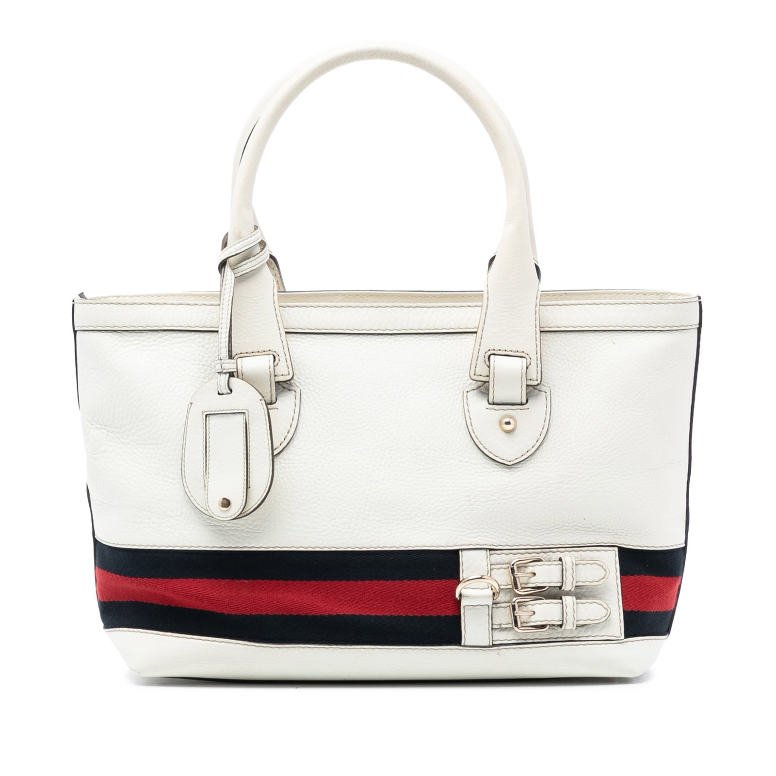 White Leather Heritage Tote Bag with Web Detail by Gucci: White Leather Heritage Tote Bag with Web Detail by Gucci This Gucci Medium Leather Web Heritage Tote features a white leather body accented with signature web details. It is designed with rolled leath