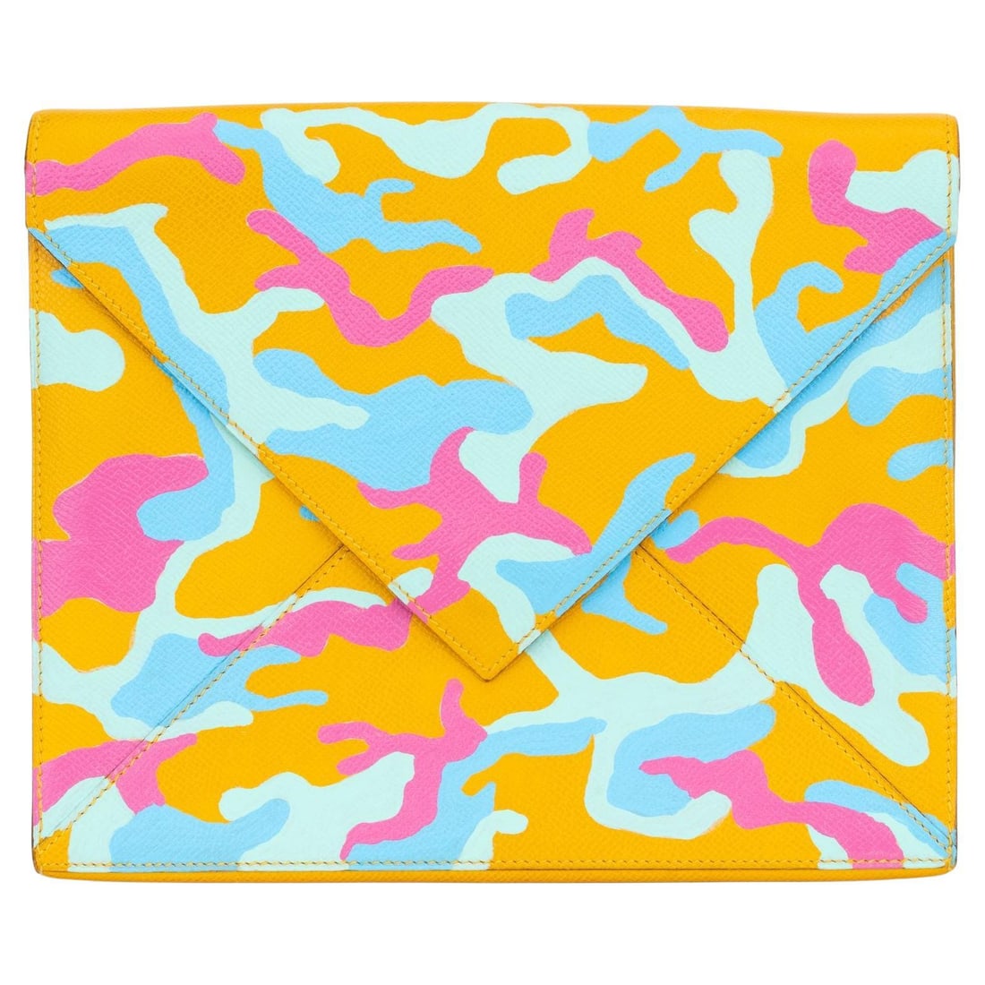 Hermes Custom Painted Yellow Clutch Unique Pastel Camouflage Design: Hermes Custom Painted Yellow Clutch Unique Pastel Camouflage Design This exquisite Hermes custom painted yellow clutch is a stunning blend of craftsmanship and artistry. Hand-painted by a talented US