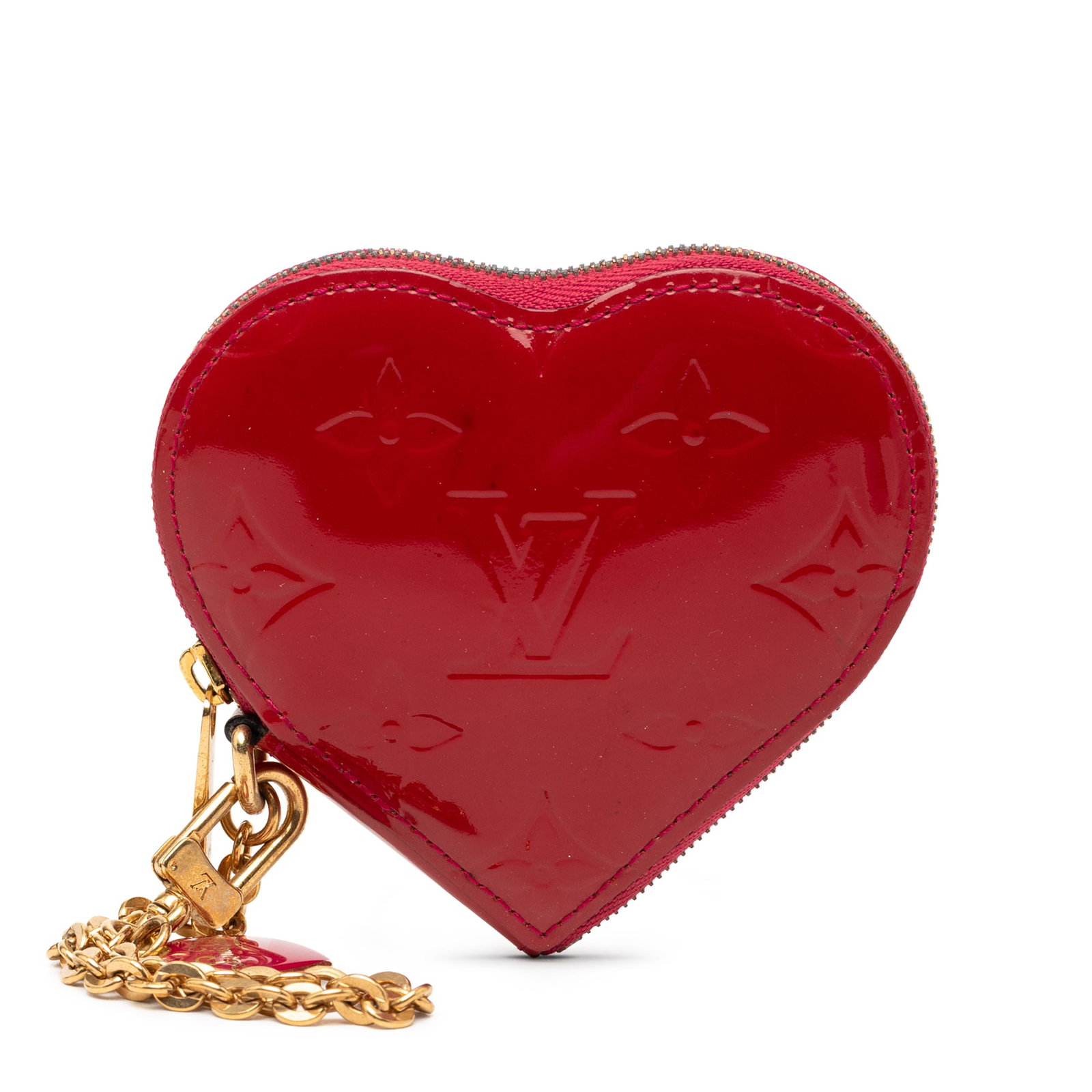 Red Vernis Leather Heart Coin Pouch with Chain by Louis Vuitton: Red Vernis Leather Heart Coin Pouch with Chain by Louis Vuitton This Louis Vuitton Monogram Vernis Heart Coin Purse features a vernis leather body in red, a chain with a heart-shaped pendant, and a to