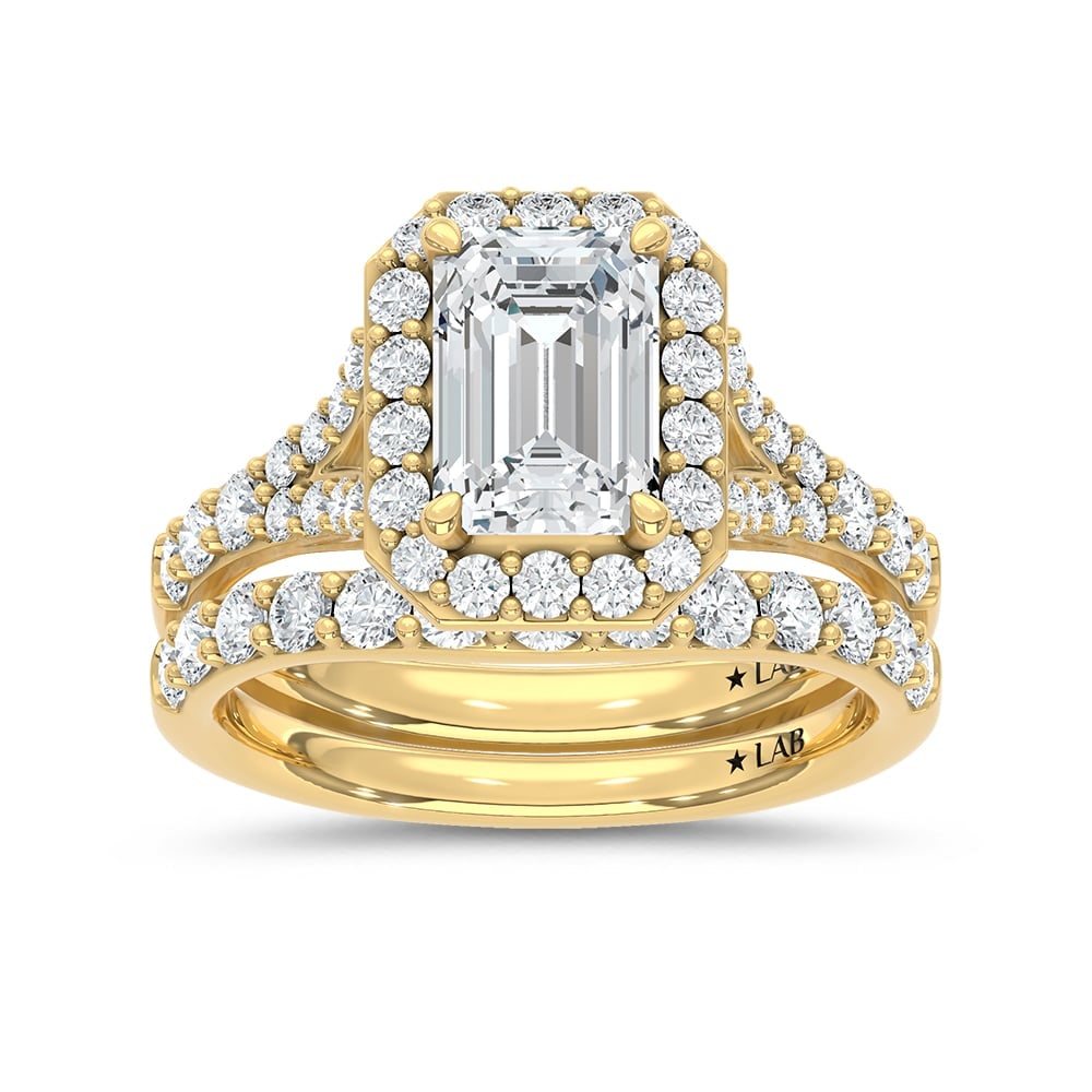 14K Yellow Gold 3 Ct.Tw. Lab Grown Diamond Emerald Shape Bridal Ring (IGI Certified Center 2ct: 14K Yellow Gold 3 Ct.Tw. Lab Grown Diamond Emerald Shape Bridal Ring (IGI Certified Center 2ct Emerald) 14k Yellow Gold Stone Color: D-f Stone Clarity: Vs Each ring is presented in standard size 6.5.