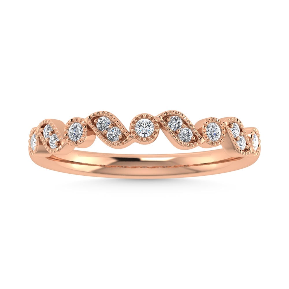 14K Rose Gold Diamond 1/8 Ct.Tw. Stackable Band: 14K Rose Gold Diamond 1/8 Ct.Tw. Stackable Band 14k Rose Gold Stone Color: G-h Stone Clarity: Si3 Each ring is presented in standard size 6.5. Complimentary resizing is available between sizes 510 (in