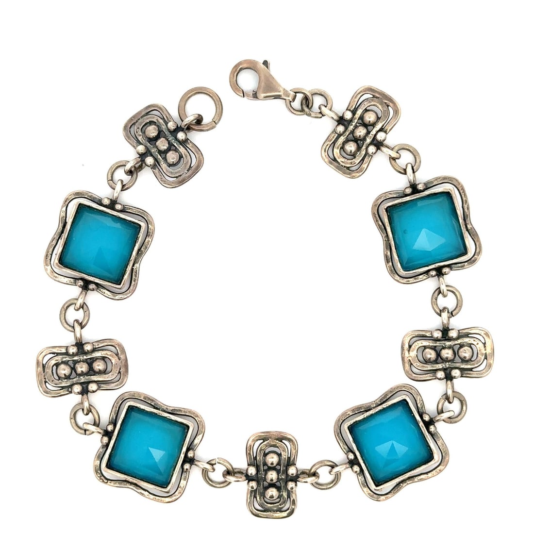 Handmade Vintage Sterling Silver Blue Agate Link Bracelet 6.75in (1 of 6)