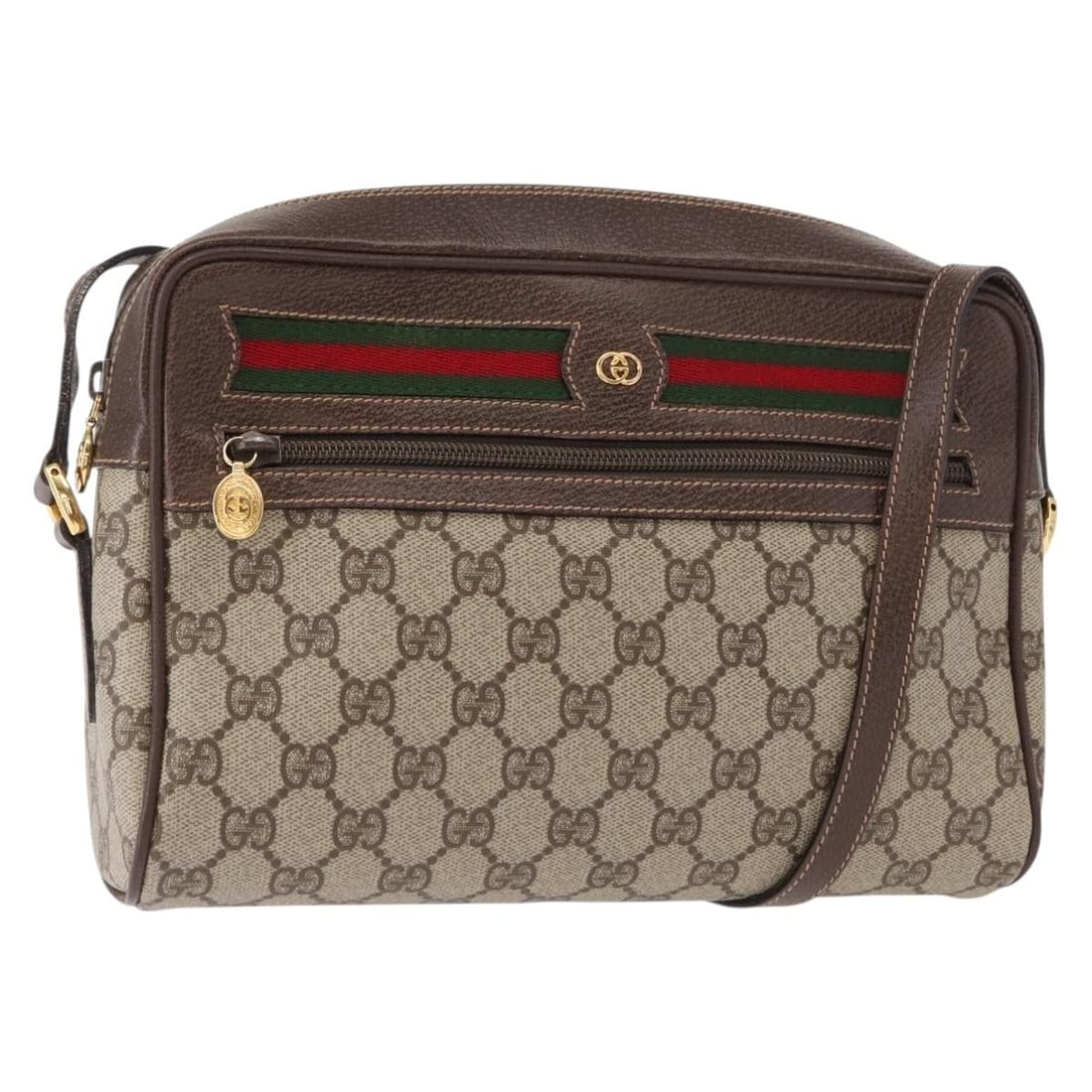 Beige GG Supreme Web Sherry Line Shoulder Bag by Gucci 001 113 6472: Beige GG Supreme Web Sherry Line Shoulder Bag by Gucci 001 113 6472 This is a Gucci GG Supreme Web Sherry Line shoulder bag crafted in beige PVC leather and GG canvas. Made in Italy, the bag features