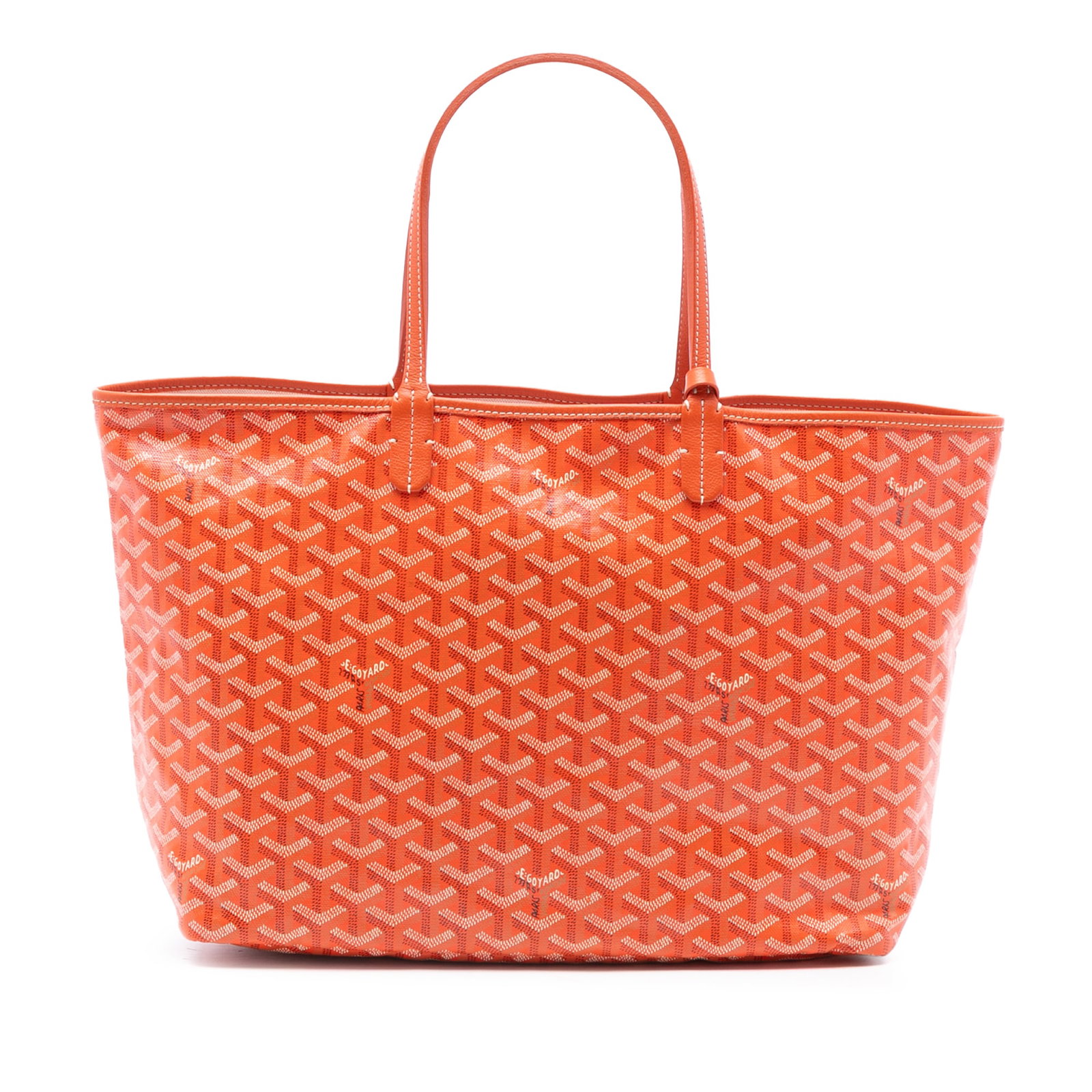 Goyard Saint Louis PM Orange Tote with Pouch and Leather Trim: Goyard Saint Louis PM Orange Tote with Pouch and Leather Trim The Saint Louis PM features a coated canvas body with leather trim, flat leather handles, an open top, and includes a matching pouch. The